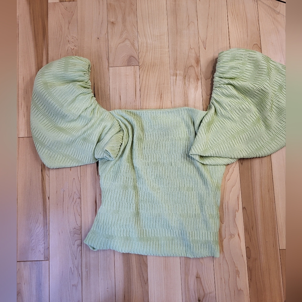 NWOT Jonathan Simkhai Green puff sleeve blouse with ruched wrap style - Picture 7 of 9